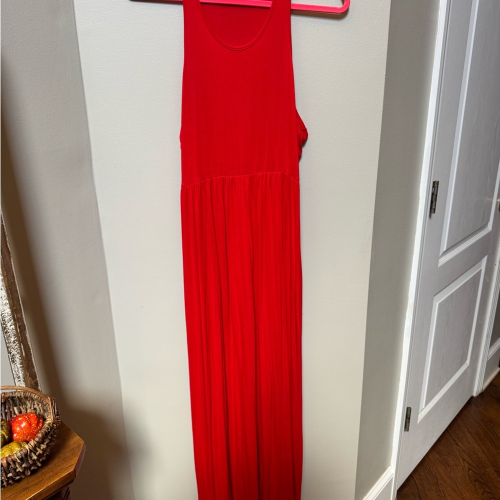 Vibrant Red Sleeveless Maxi Dress with Pockets - Size XL - Long Summer Dress - Picture 4 of 7